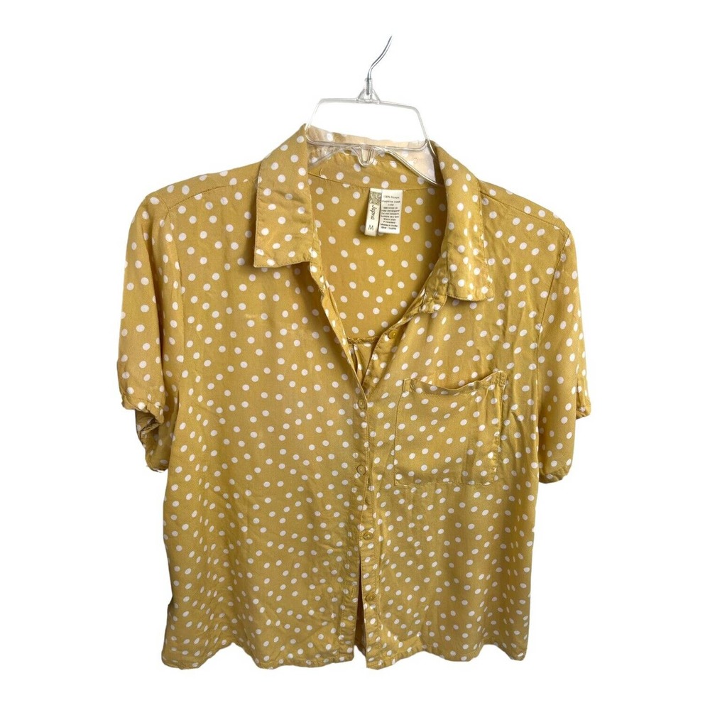 Japna Blouse Women's Med Yellow White Polkadot Front Button Blouse Gather Sleeve